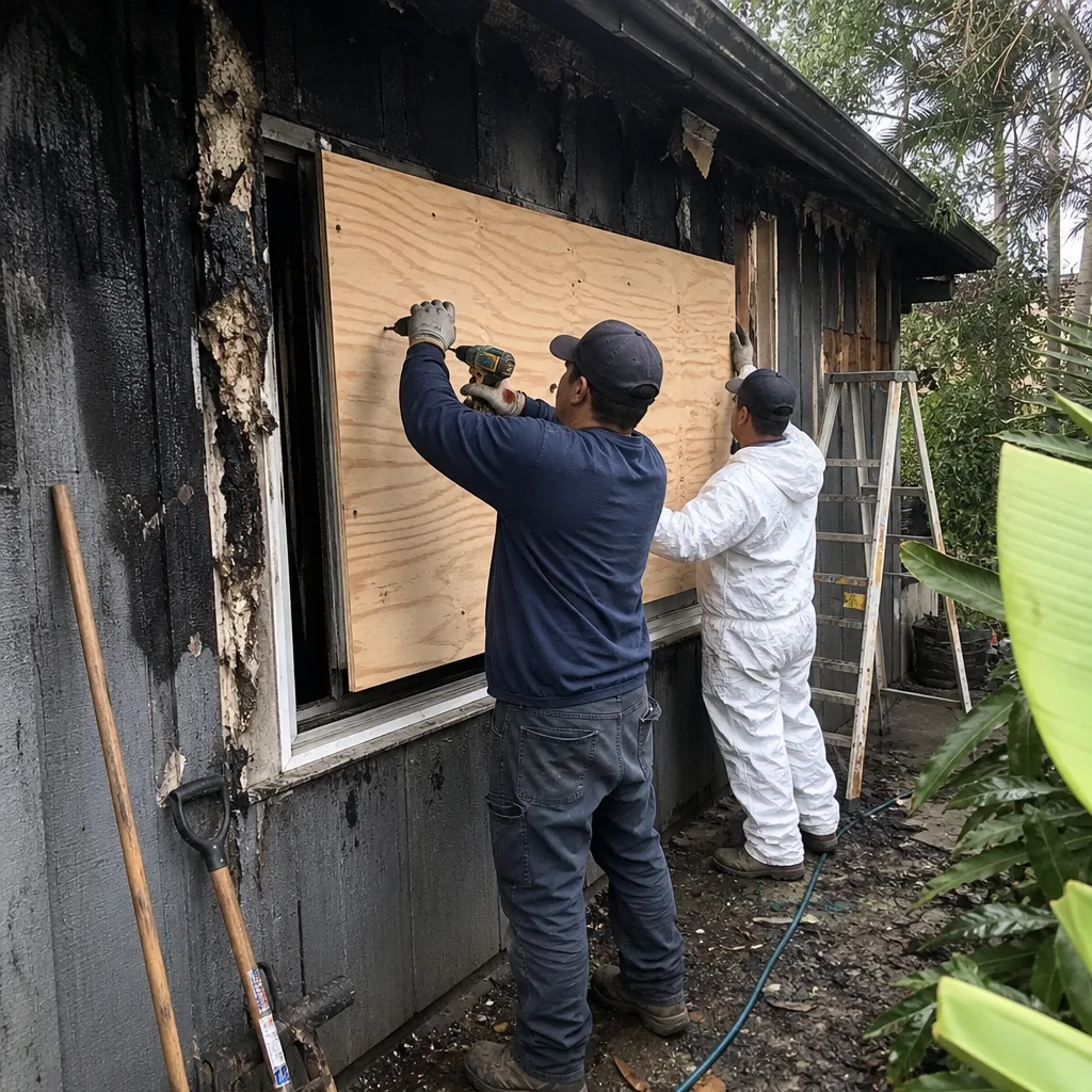 Two contractors boarding up a window at a fire damage restoration site