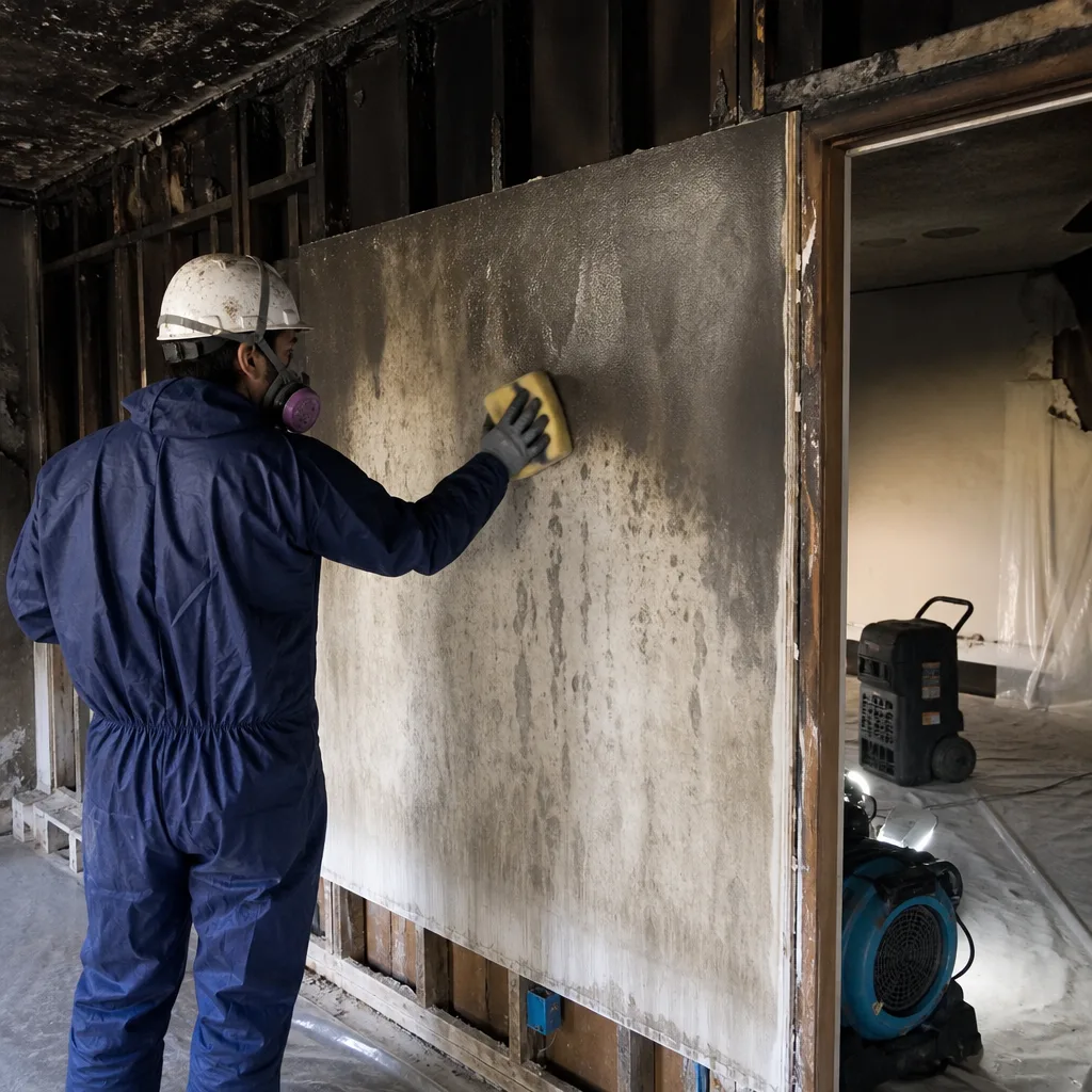 Technician in protective suit cleaning soot from wall after fire damage