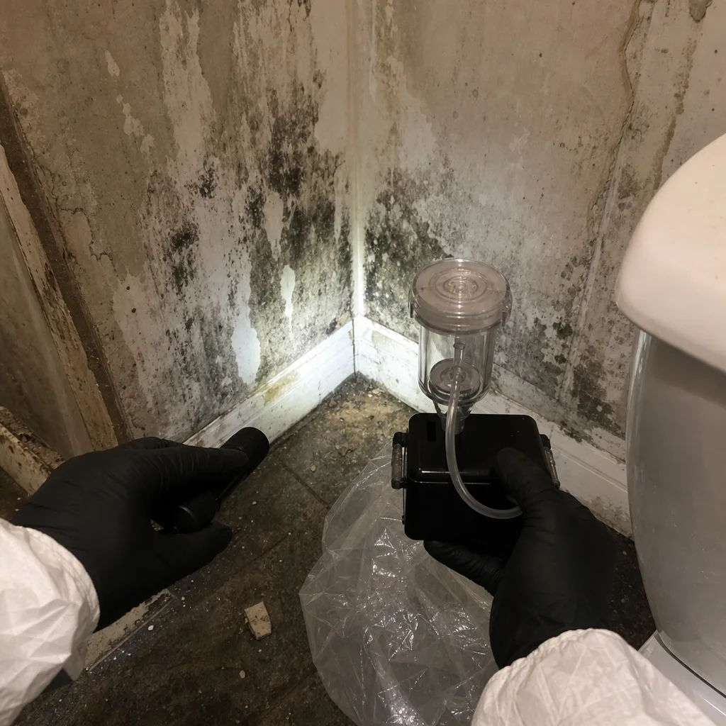 Technician performing professional mold air quality testing in a contaminated room