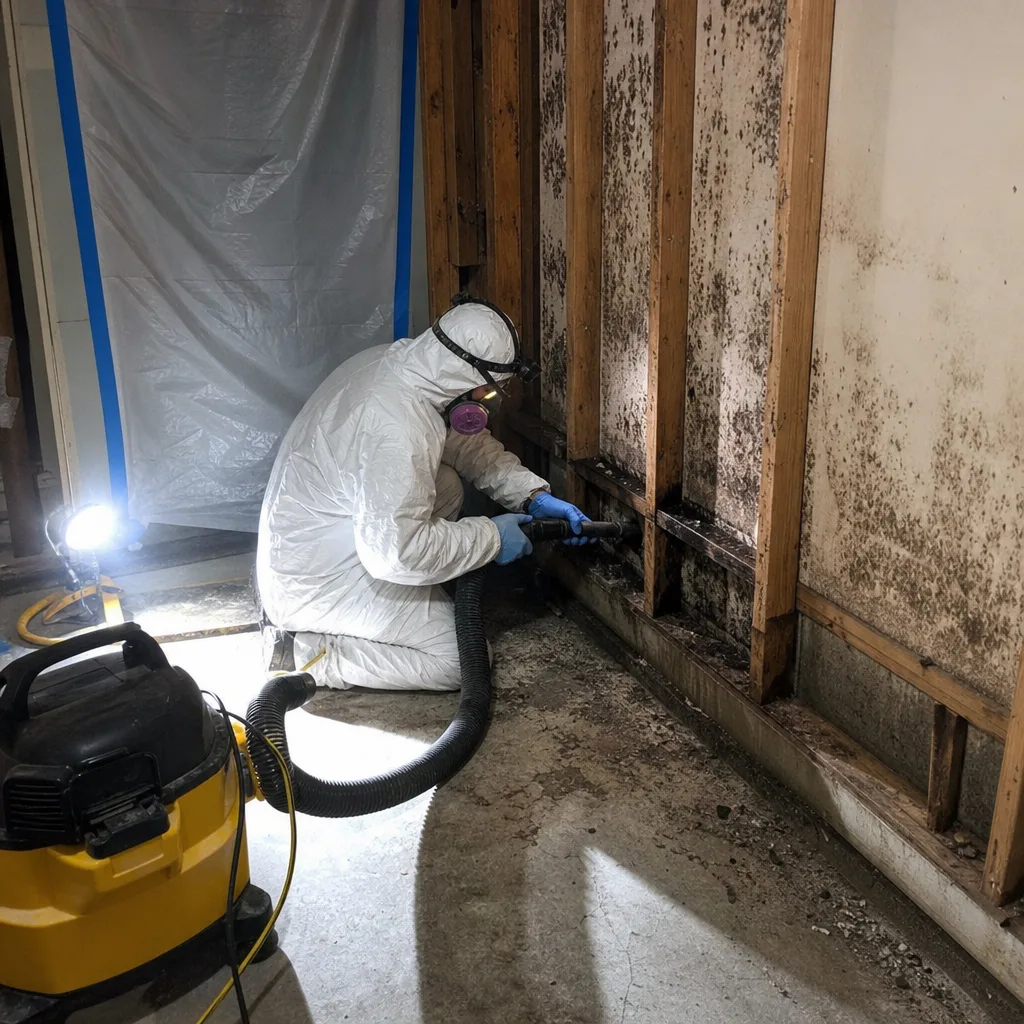 Technician in hazmat suit performing professional mold remediation on wall studs