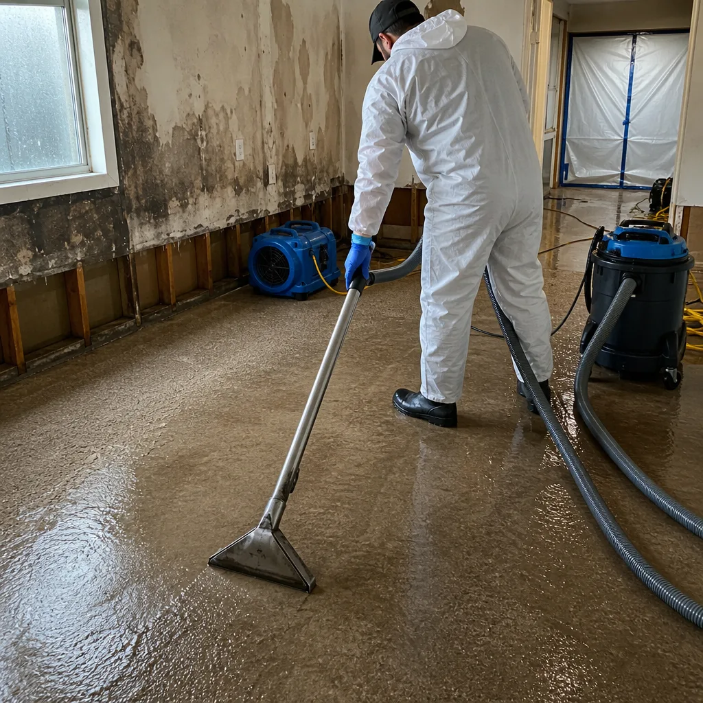 Water damage restoration professional using industrial extraction equipment on wet flooring